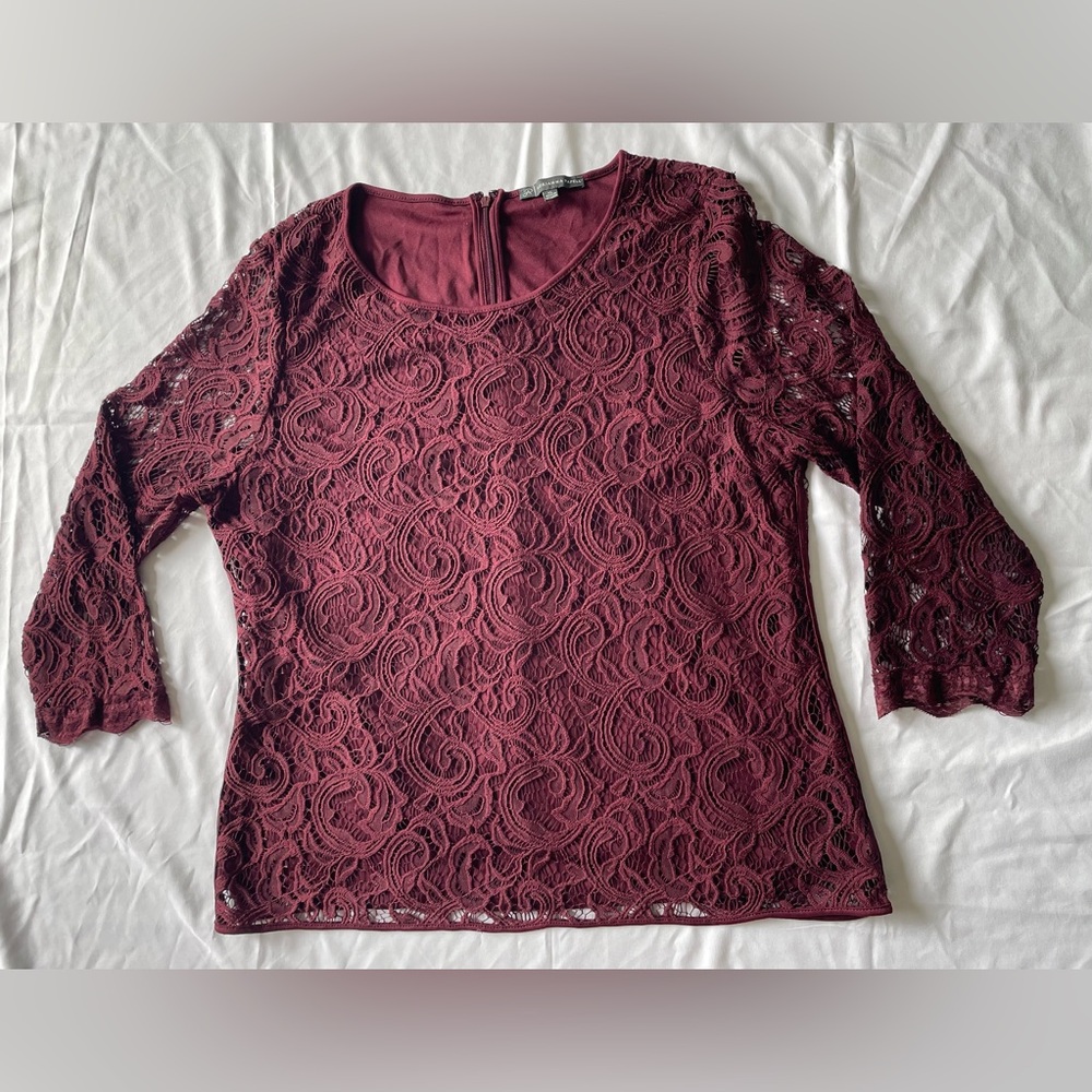 Adrianna Papell Burgundy Lace Blouse Women Size XL Preppy 3/4 Sleeve Lightweight